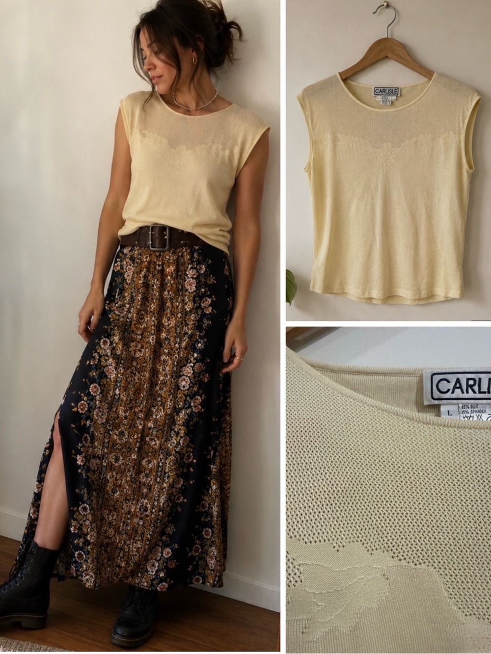 Silk Knit Top Yellow Sleeveless Sheer Mesh Minimalist Quiet Luxury Elevated M/L